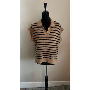 PROMESA Women's Cut Tan Black Striped Collared V Neck Knit Sweater Size M